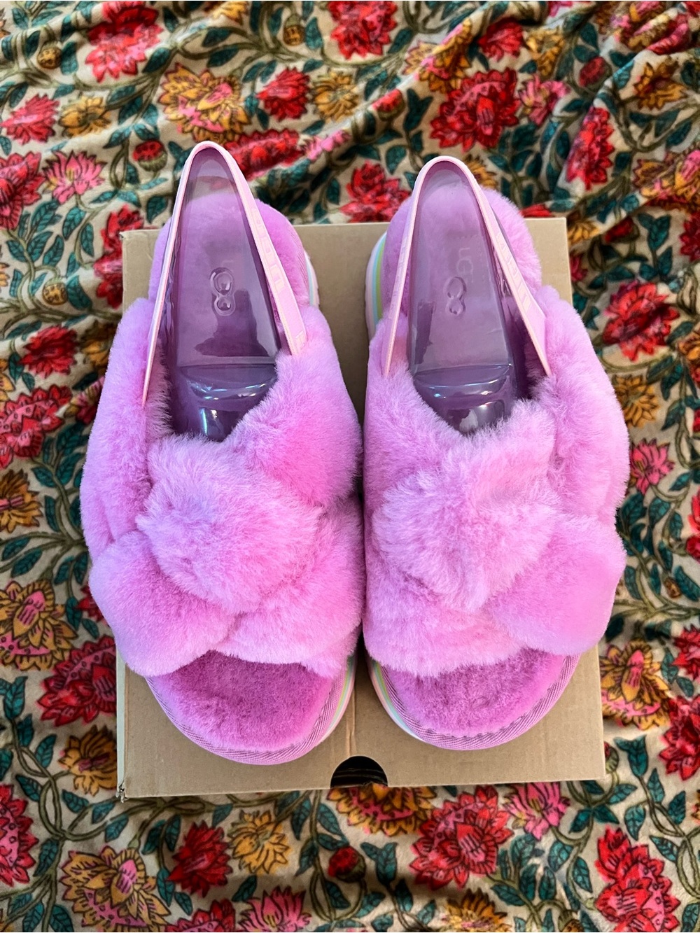 UGG Pink Plush Disco Knot Crisscross Slingback Mules